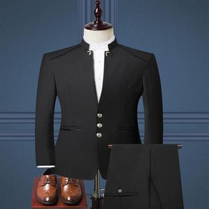 Мужской костюм с воротником-стойкой, смокинг, приталенный мужской пиджак, куртка и брюки, мужское свадебное деловое платье в китайском стиле, высокое качество248C
