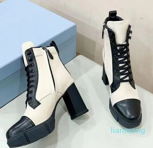 nylon Ankle Boots Stud block column base lace-up Side zipper logo triangle women's booties luxury designer high heels factory footwear