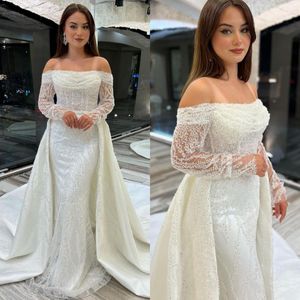 Elegant Mermaid Dresses Off Shoulder Long Sleeves Pearls Saudi Arabic Overskirts Wedding Dress Robe De Mariee Bridal Gowns