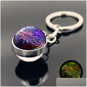 Keychains Lanyards 12 Constellation Luminous Keychain Glow in the Dark Glass Ball Pendant Zodiac Key Chain Holder Gifts for Men wo Dhio9