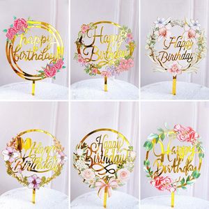 Baking Tools Acrylic Gold Happy Birthday Cake Topper Flower Design Decoration Supplies For Kid Adult