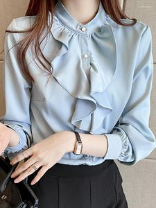 Women's Blouses Elegant Ruffles Long Sleeve Chiffon Shirt Lady Autumn Winter Chic Solid Color Single Breasted Office Basic