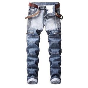 Men's Jeans High Quality Men Gray Denim Moto Biker Slim Male Pleated Stretch Long Jean Pants Large Size Patchwork2252