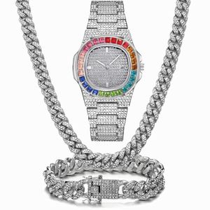 Zegarek 3 2PCS Naszyjnik Bransoletka Hip Hop Miami Cuban Cain Kolor Kolor lodowany wyczerpany rhinestone Bling Kobiety Mężczyźni Mężczyźni Jewe304Q