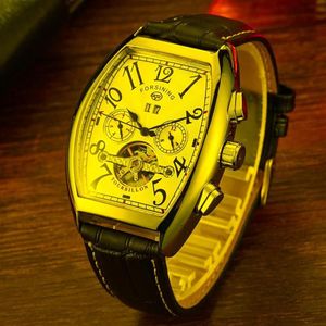 Wristwatches Luxury Tonneau Men's Mechanical Watch Skeleton Automatic Date Dial Design Chronograph Leather Strap Business Cloc264E