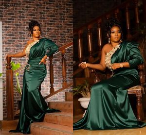 Nigeria Aso Ebi Elegant Evening Dresses Dark Green Satin Pleated One Shoulder Lace Appliqued Formal Party Gowns Long Mermaid Second Reception Prom Dress CL2755