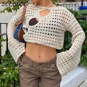 Damenpullover Y2K Hollow Out Cropped Knit Smock Top Frauen Vintage Loose Distressed Crochet Pullover Crop Tops Fairy Grunge Sweater Cover-upL231004