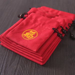 Glädjig röd sammet resor dragkastpås tryckt tygsmycken väskor förtjockar bomullslinne påse lyckliga pärlor armband förvaringspåse2582