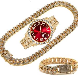 Wristwatches Luxury Gold Watch For Men Full Iced Out Bling Miami Cuban Clock Chain Rhinestone Bracelet Necklace Jewelry Set Relogi229t