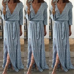 Women Ladies Clothing Floral Print Long Sleeve Boho Dress Lady Summer Deep V Neck Party Long Maxi Dress Women287o