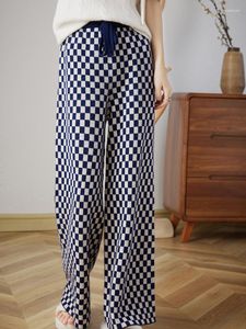 Women's Pants Thick Wide Leg Elastic Checkerboard Knitting Casual Mopping Trousers Autumn And Winter Clothes Wool