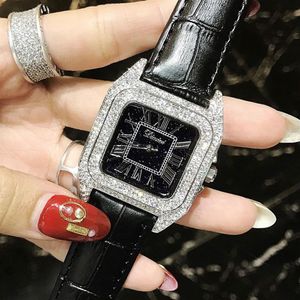 Luxo completo diamante feminino relógios quadrados senhoras moda pulseira de couro strass relógio de quartzo prata cristal feminino novo y190280d