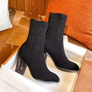 Silhouette Ankle Boot Socken mit Absatz Stiefel Mode sexy Gestrickter elastischer Stiefel Designer Alphabetische Damenschuhe Dame Buchstabe Dicke High Heels Große Größe 35-42 04