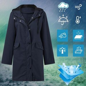 Kvinnorjackor Raincoat Casual Fashion Loose Long Coat Sleeve Waterproof Windbreaker Solid Outdoor Outwear Female Zipper Hooded Jacket