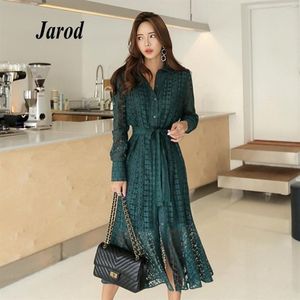 Vintage Hollow-out Lace Women Long Dress Single Breasted Bandage Elegant Mermaid Female Dress Full Sleeve Autumn Vestidos femme MX306H