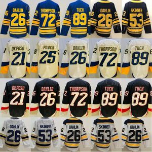 Mężczyźni Hokej na lodzie 26 Rasmus Dahlin Jersey 53 Jeff Skinner 21 Kyle Okposo 25 Owen Power 72 Tage Thompson 89 Alex Tuch 50. rocznica odwrotna retro zszywana granatowa biała