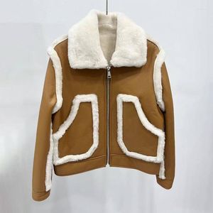 Women's Leather Short Real Shearling Coat Genuine Lambskin Warm Wool Winter Double Face Jacket ZJ6095