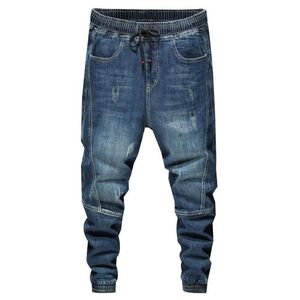 Calças de jogging homem jeans cintura elástica cordão azul relaxado cônico moda masculina calças grandes 42 065217c