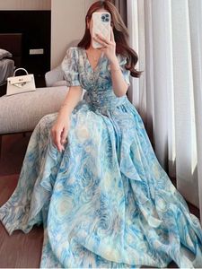 Basic Casual Dresses New Summer Fashion Print Chiffon Long Dress Women's Luxury High-End V-Neck Puff Short Sleeves Dresses Female Clothing 2024