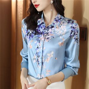 Luxo de seda cetim retro floral camisa feminina designer manga longa azul casual botão acima blusas 2023 outono inverno clássico lapela pista camisas escritório senhoras bonito topos