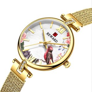 Elegant Charming REWARD Quartz Ladies Watch Glaring Watches Flowers and Birds Dial Womens INS Style Mineral Glass Glossy Mesh Stra196t