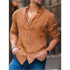 Men's Casual Shirts Solid Colour Cardigan Roll Callor Long-sleeved Cotton-Linen Shirt Man