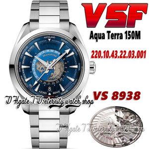 2022 VSF Aqua Terra 150M GMT Worldtimer 8938 Автоматические мужские часы 220 12 43 20 03 001 43 мм Blue Dial Браслет из нержавеющей стали 214Z