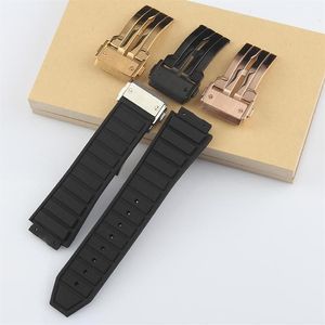 Assista Bandas Preto 29x19mm Boca Convexa Borracha Watchband para Hublo T Big Ban G Aço Inoxidável Implantação Fecho Strap2151