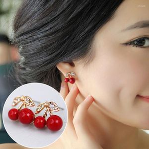 Kolczyki Dangle Cute Red Cherry Push-Back Stude Earring Women's Rose Gold Crystal Jewelry