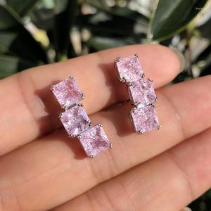 Studörhängen Fashion Square Pink Crystal for Women Silver Color Plated Zirconia Stone Earings 2023 Party Jewelry Accessories CZ