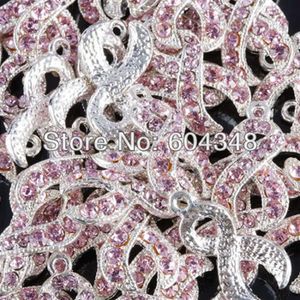 100pcs Silver color Pink Crystal Rhinestone Ribbon Breast Cancer AWARENESS Charms Dangle Beads Pendant Jewelry Findings290b