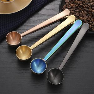 Kaffescoops 2 i 1 304 STOPLESS STÅL SPOON MED TELING CLIP KICKE GULLTITER Mottagare Cafe Expresso Cucharilla Dekoration