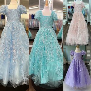 Aqua Green Girl Pageant Dress 2024 Puff Sleeves Lilac Sequin Lace Little Kid Birthday Holiday Formal Cocktail Party Gown Toddler Teens Preteen Tiny Young Junior Miss