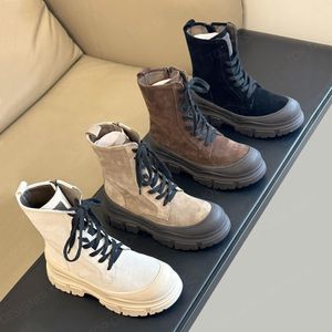 Top quality Suede lace-up Platform motorcycle ankle boots womens Combat boots Knight Booties luxury Designer shoes Factory footwear brown gray white With box