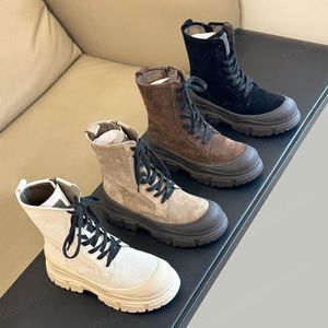 Stivaletti da moto con piattaforma stringata in pelle scamosciata di alta qualità Stivali da combattimento da donna Stivaletti da cavaliere Scarpe firmate di lusso Calzature di fabbrica marrone grigio bianco Con scatola