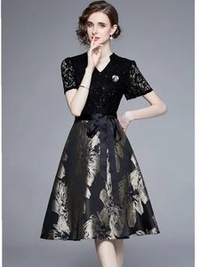 Basic Casual Dresses Luxury Women Summer Dress High Quality Short Sleeve Mesh Flower Lace Hollow Out Patchwork Long Party Holiday Dresses 2024