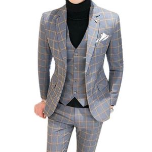 Мужские костюмы, блейзеры, мужские классические брюки, жилет, комплект из 3 предметов, мужской свадебный костюм 2022, осенний деловой деловой костюм в клетку, роскошный приталенный костюм 3250