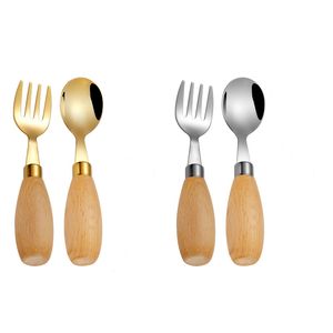 2 unidades / conjunto Conjunto de louça com cabo de madeira para bebês Conjunto de talheres para crianças Utensílio de aço inoxidável Talheres para crianças pequenas Colher de alimentação para alimentos infantis Garfo Q613