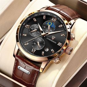 Lige Mens Watches Top Luxury Brand Waterproof Sport Wrist Watch Chronograph Quartz Military本物の革Relogio Masculino 2202270C