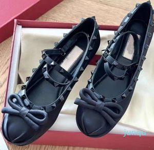 Bottom Shoe Label Satin Single Ballerina with Shoes Female Valention Family Riveted Girl Fairy Bow Women's