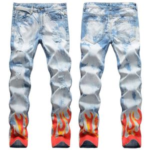 Homens Slim Fit Jeans Rasgados 3D Impresso Buraco Destruído Skinny Straight Leg Lavado Desgastado Motocicleta Calças Jeans Hip Hop Stretch Biker 217D