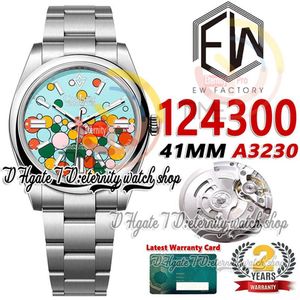 EWF EW124300 A3230 Automatisk herrklocka 41mm turkosa blå firande-Motif Dial Stick Markers 904L Steel Oystersteel Armband S170V