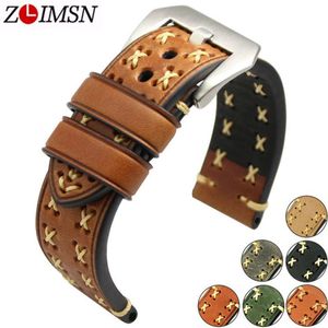 Zlimsn pulseira de relógio de couro genuíno, grossa, 26mm 24mm 22mm 20mm, pulseira de prata para relógios panerai t19062748