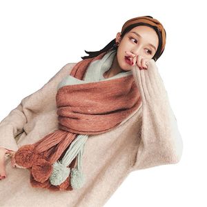 Winter Warm Cashmere Scarf Solid Women Scarf With Rabbit Fur Ball Thick Scarves Shawls Wrap Lady Oversize Blanket