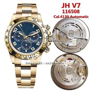 12 Styles Högkvalitativ JH V7 40mm Cal 4130 Automatisk kronograf Mens Watch 116508 Blue Dial 18k Yellow Gold Armband Gents Watche285o