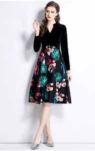 Basic Casual Dresses Basic Casual Dresses Designer Women Black Velvet Dresses Winter Fashion Runway Elegant V-neck Splicing Floral Print A-line Prom Party Vestidos