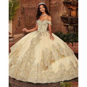 Quinceanera Dresses Champagne Lace Appliqued Ball Gown Sequined Off The Shoder Prom Gowns Floor Length Tle Tiered Sweet 15 Masquerade Dhtja