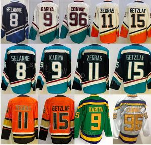 Men Ice Hockey 15 Ryan Getzlaf Jersey 11 Trevor Zegras 8 Teemu Selanne 96 Charlie Conway 9 Paul Kariya All Stitched Black Orange White Green Reverse Retro Sport