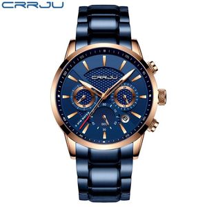 CWP 2021 CRRJU Business Men Watch Fashion Blue Chronograph Stianless Steel Stael Na ręce Wodoodporne Zegar Relogio Masculi270c