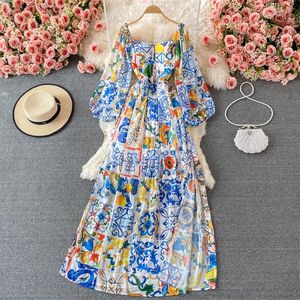 2023 Fashion Designer Boho Maxi Casual Dresses Women's Long Lantern Sleeve Blue and white porcelain Floral Print Party Long D2228